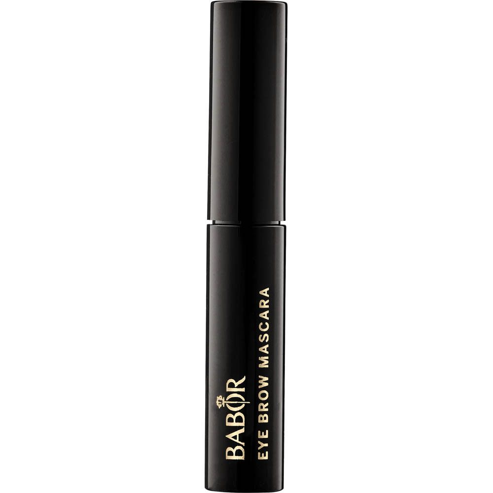 Schwarze Augenbrauen-Mascara. Goldener Schriftzug "Eye Brow Mascara" und Logo.