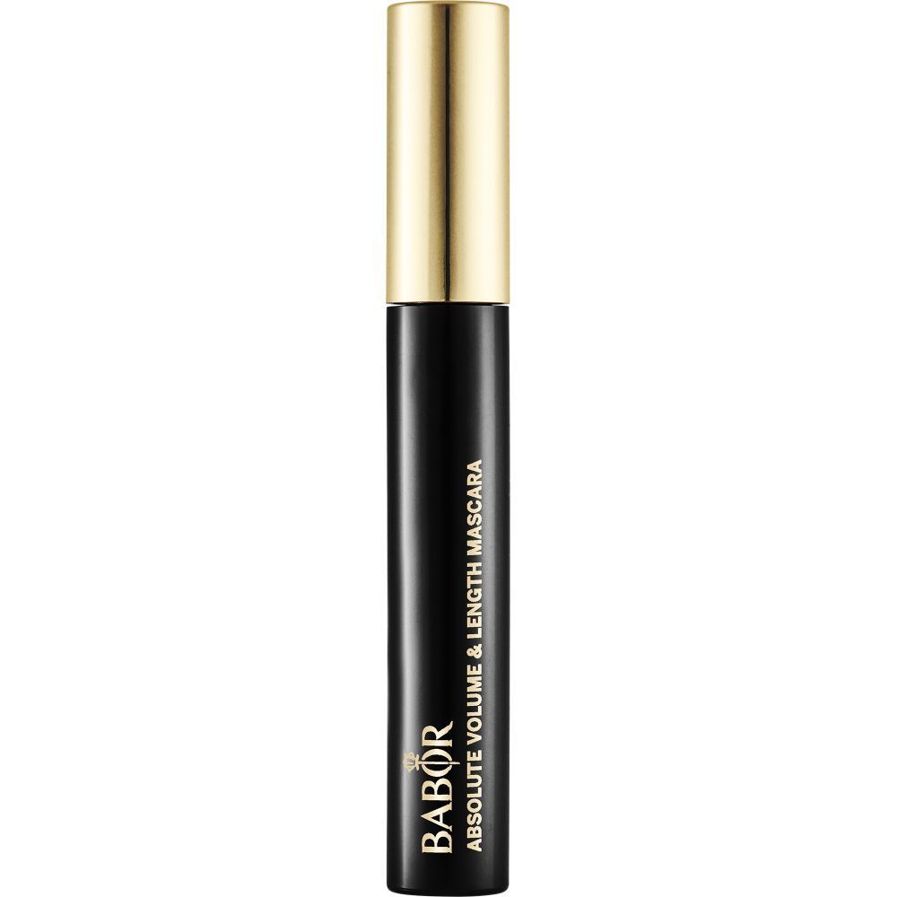 Tube de mascara noir avec bouchon doré. Inscription : Babor Absolute Volume & Length Mascara.