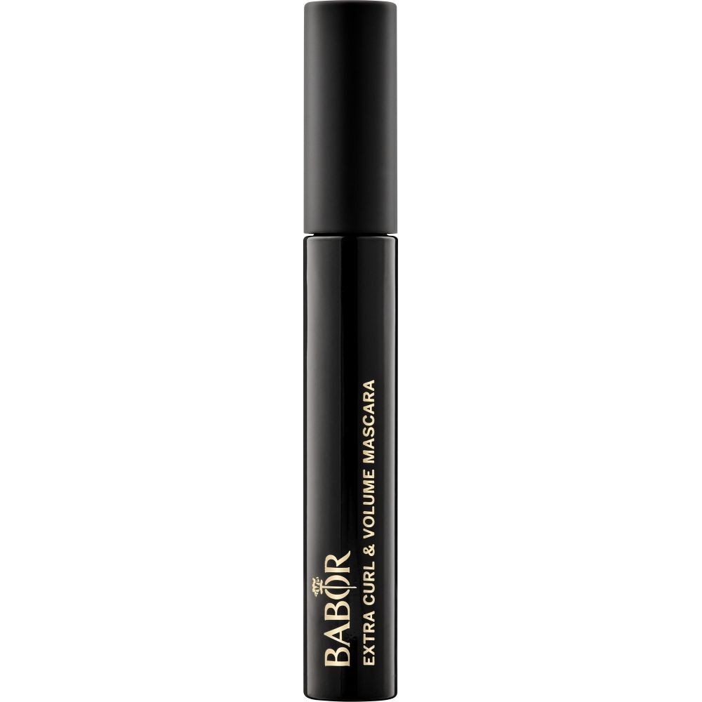 Schwarze Mascara-Tube mit schwarzem Deckel. Aufschrift: Babor Extra Curl & Volume Mascara.