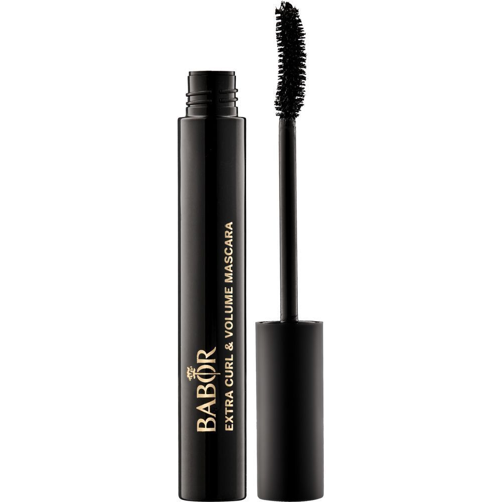 Schwarze Mascara-Tube mit Bürste. Aufschrift: Babor Extra Curl & Volume Mascara.
