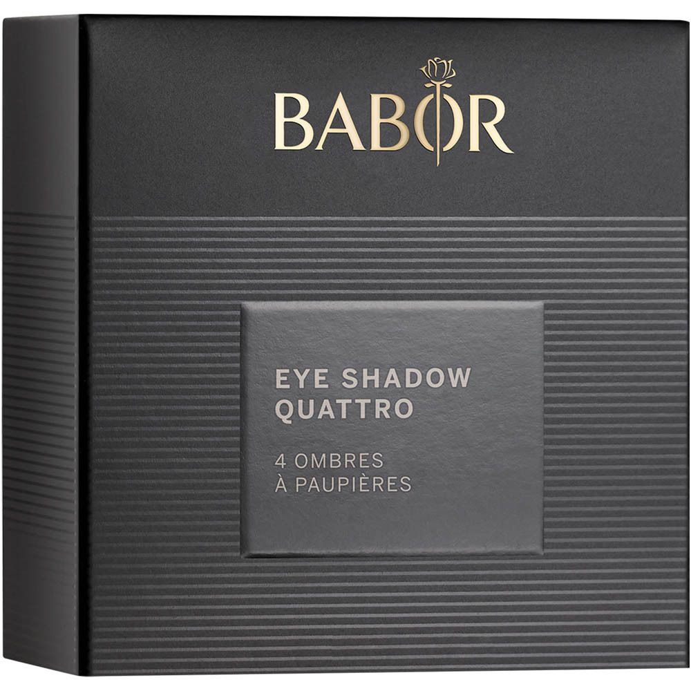 Boîte noire avec logo Babor et inscription Eye Shadow Quattro. 4 Ombres à Paupières.
