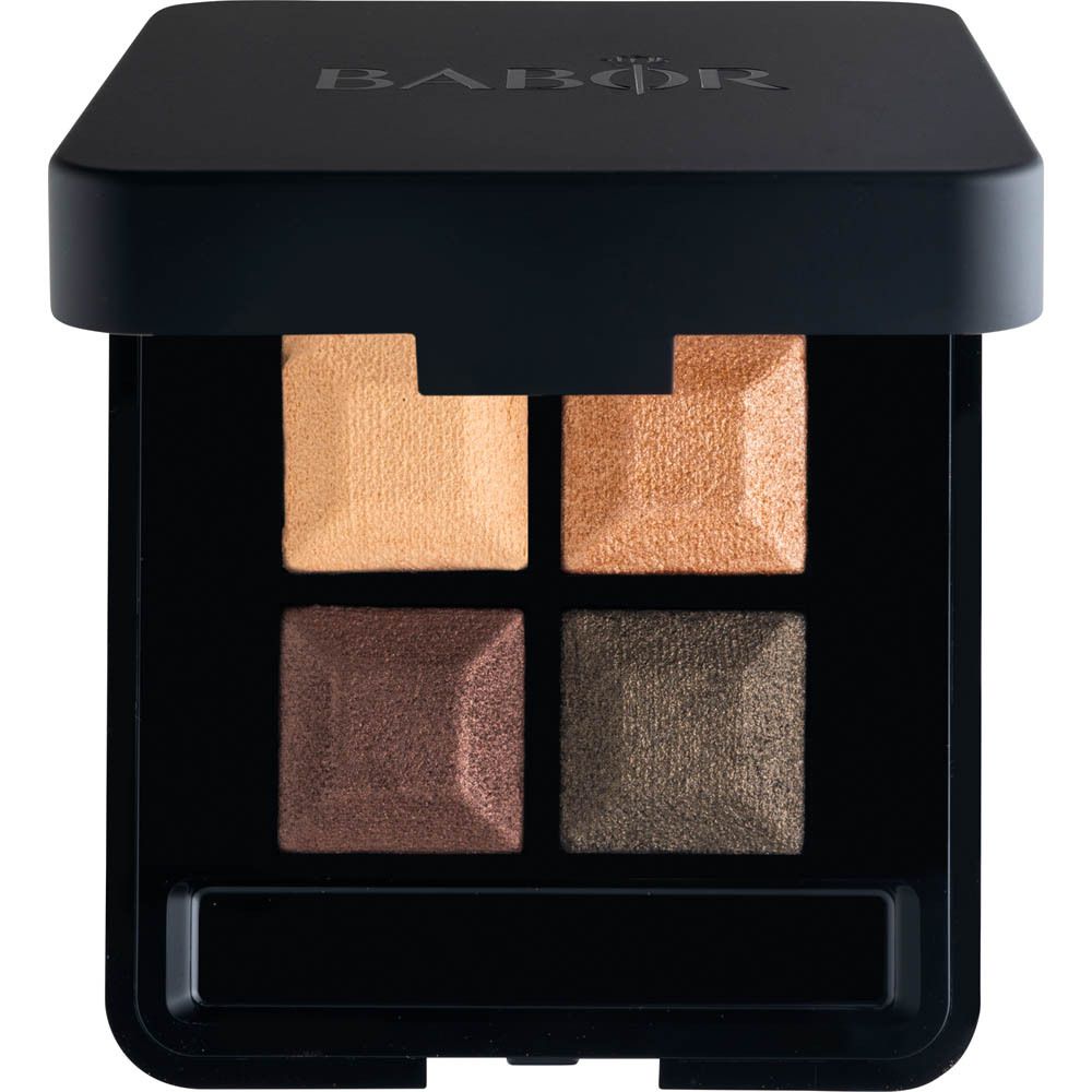 Palette de fards à paupières Quattro avec quatre teintes. Boîtier noir ouvert. Tons dorés, bruns et verts.