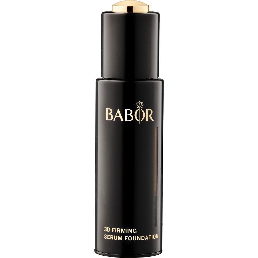 Flacon noir avec bouchon doré. Inscription BABOR et 3D Firming Serum Foundation.