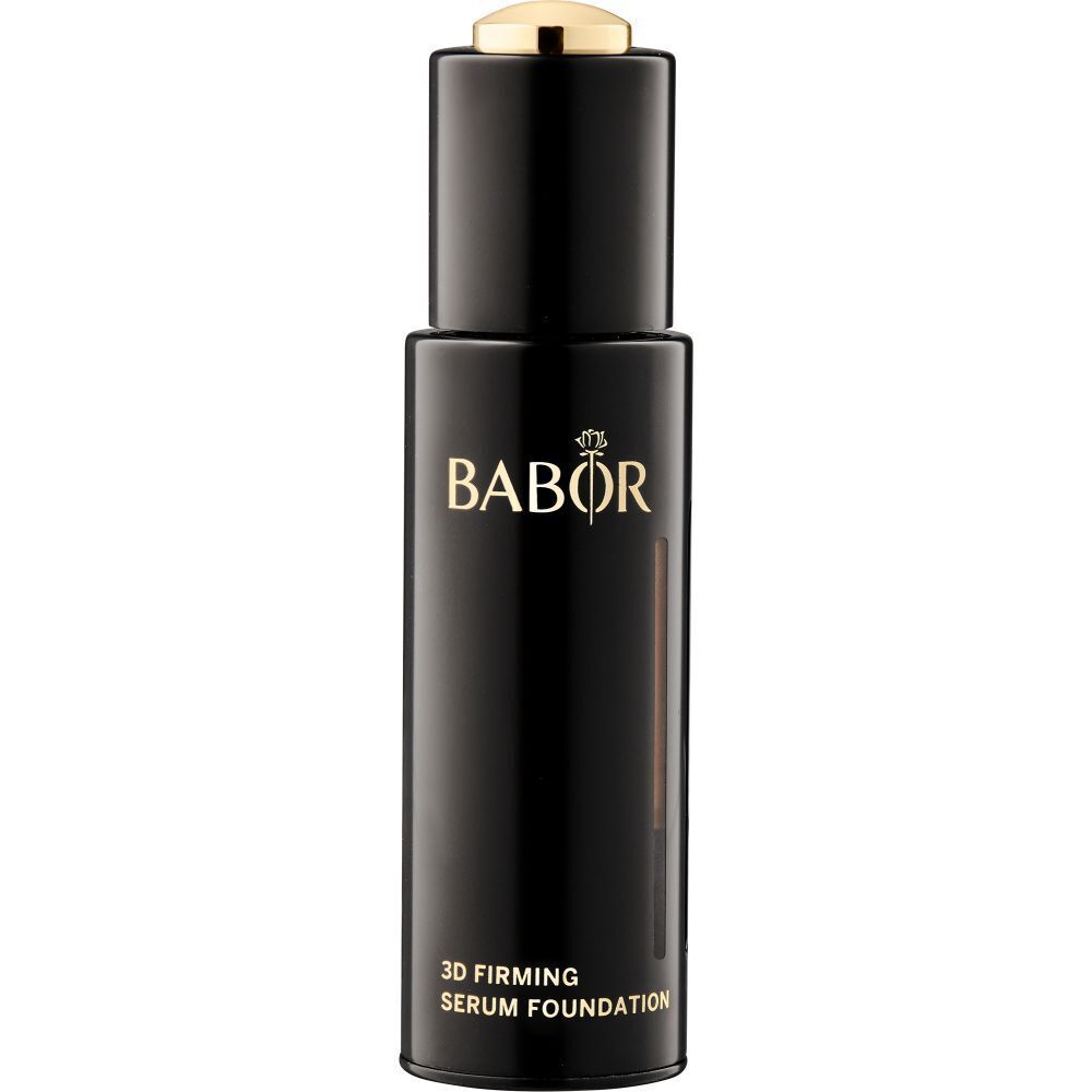 Schwarze Flasche mit goldfarbenem Deckel. Aufschrift BABOR und 3D Firming Serum Foundation.