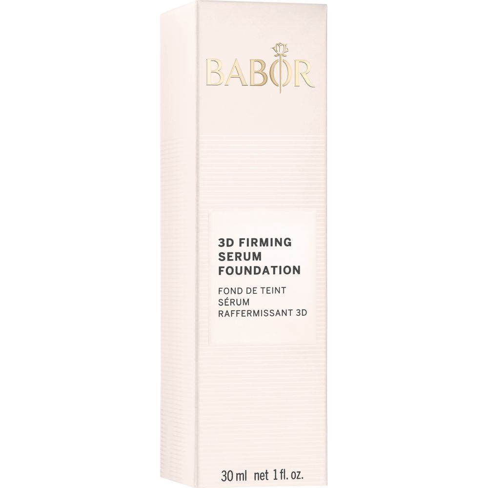 Weiße Verpackung mit Aufschrift BABOR, 3D Firming Serum Foundation und weiteren Texten.