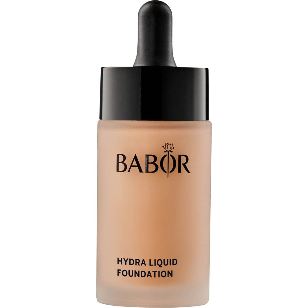 Foundation-Flasche mit schwarzem Deckel und Pipette. Marke Babor, Produktname Hydra Liquid Foundation.