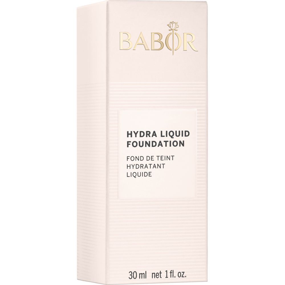 Verpackung der Foundation. Rechteckige Box mit Aufschrift Babor, Hydra Liquid Foundation, und 30 ml.