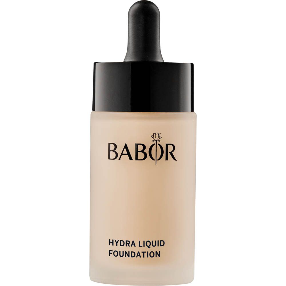 Flacon de fond de teint liquide avec bouchon noir. Marque BABOR, nom du produit HYDRA LIQUID FOUNDATION.
