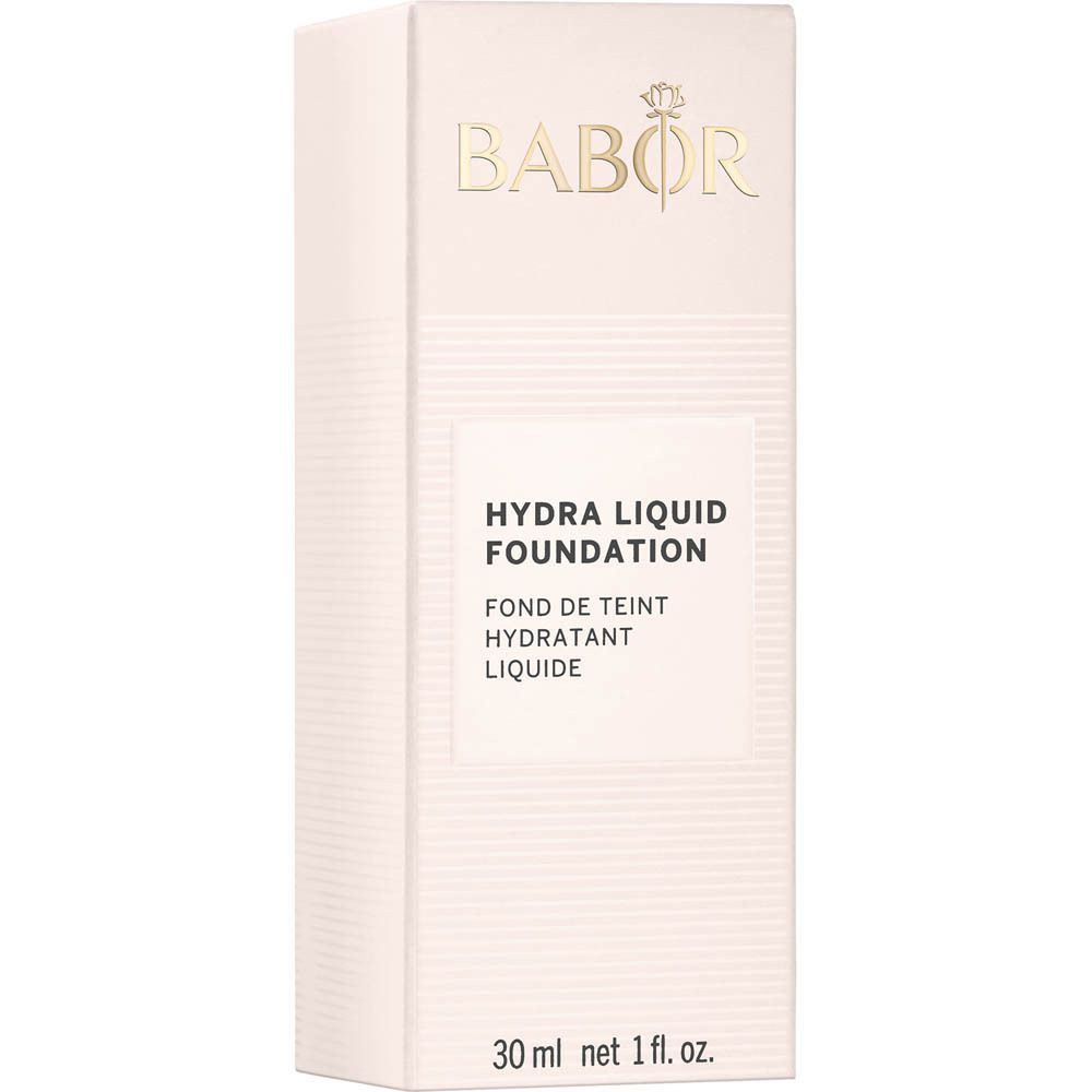 Verpackung der Foundation. Marke BABOR, Produkt HYDRA LIQUID FOUNDATION. Text auf der Verpackung.