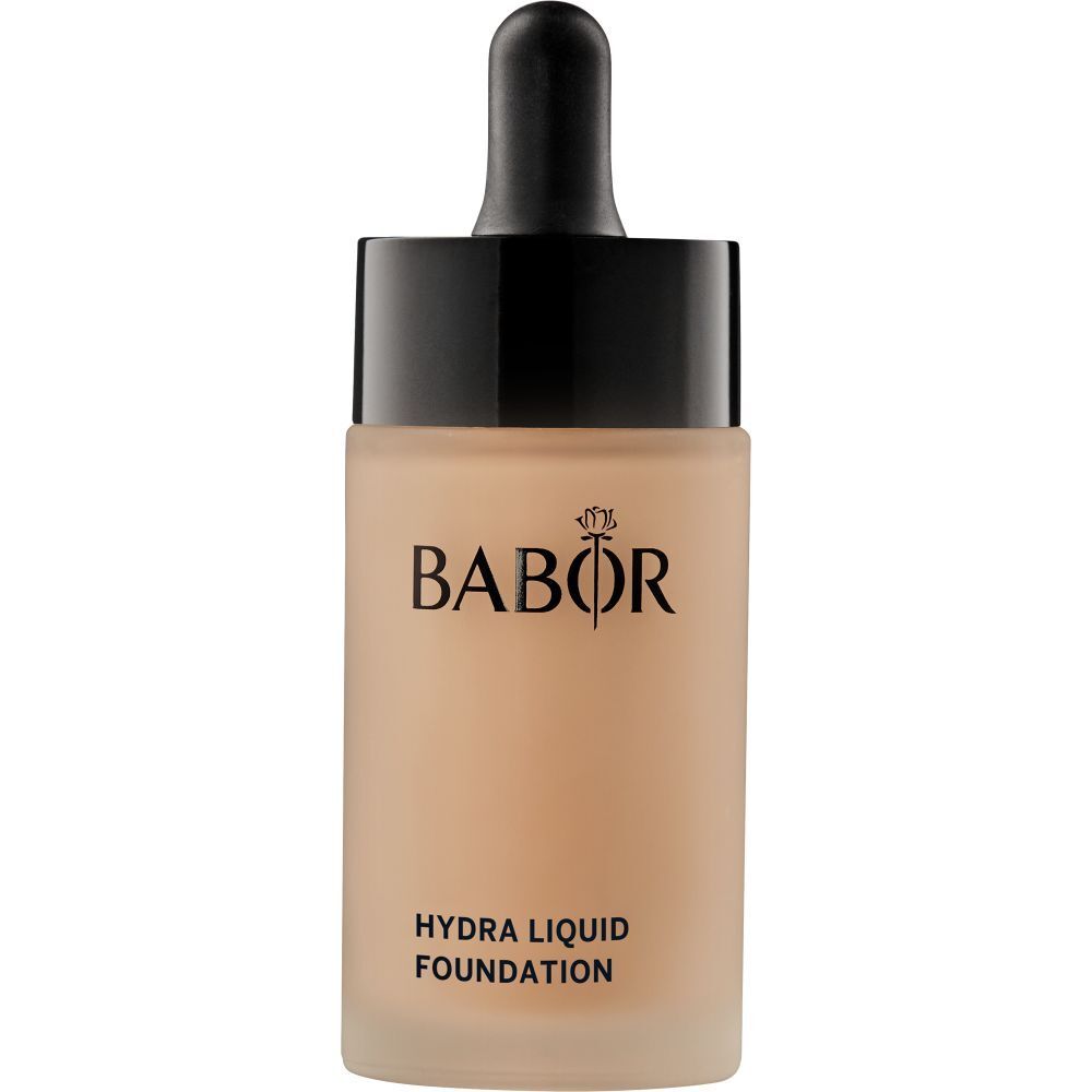 Flüssige Foundation-Flasche mit schwarzem Deckel und Pipette. Marke BABOR, Produktname HYDRA LIQUID FOUNDATION.