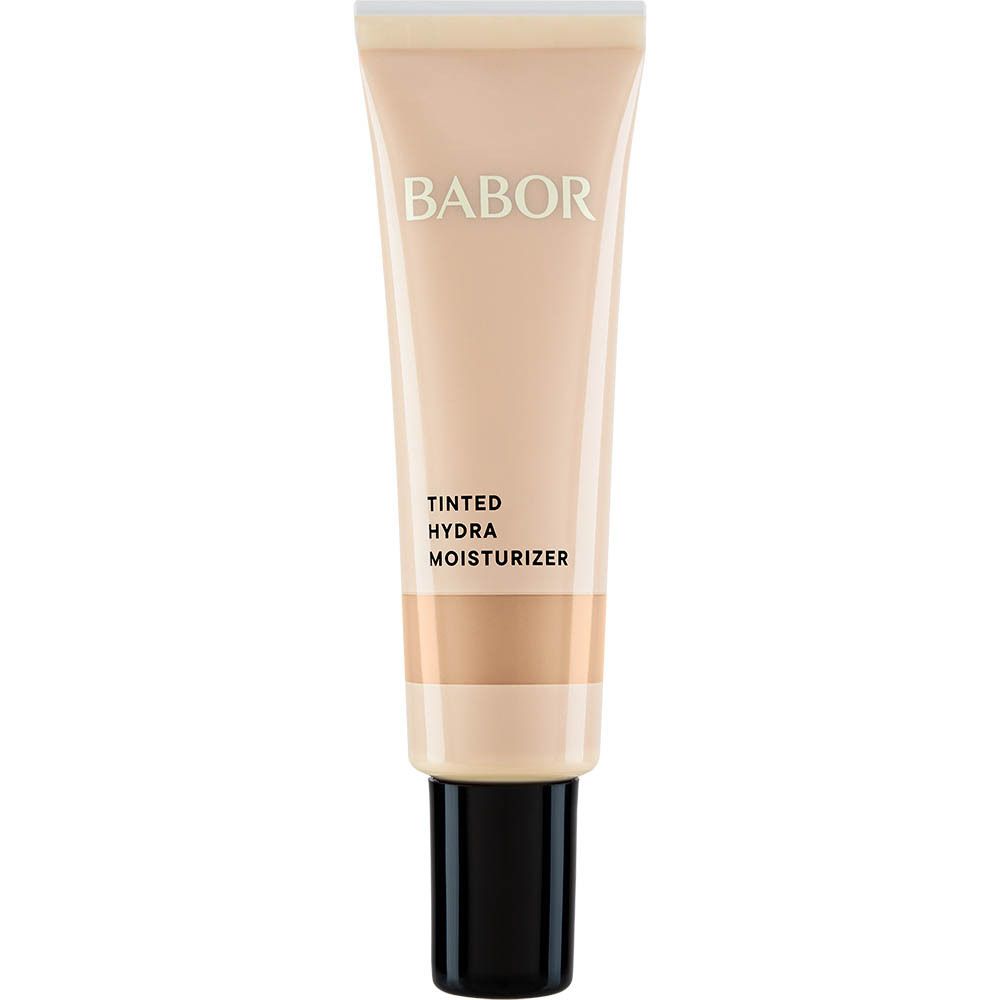 BABOR Tinted Hydra Moisturizer Tube. Beige Tube mit schwarzem Pumpkopf. Produktname sichtbar.