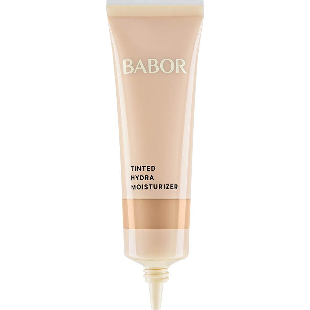 Emballage BABOR Tinted Hydra Moisturizer. Emballage beige avec nom du produit et marque.
