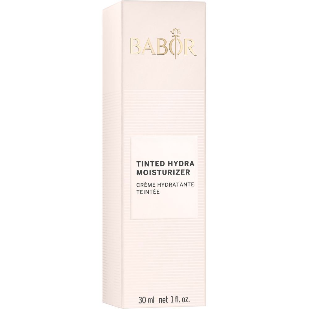 Emballage BABOR Tinted Hydra Moisturizer. Emballage rectangulaire beige. Nom du produit et marque visibles.