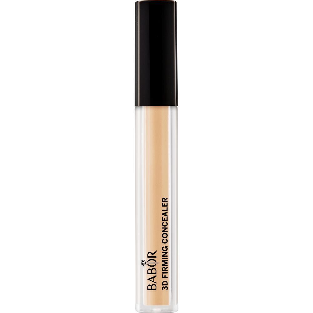 Babor 3D Straffender Concealer 04 Tan. Transparente Tube mit schwarzem Deckel. Produktname und Marke aufgedruckt.