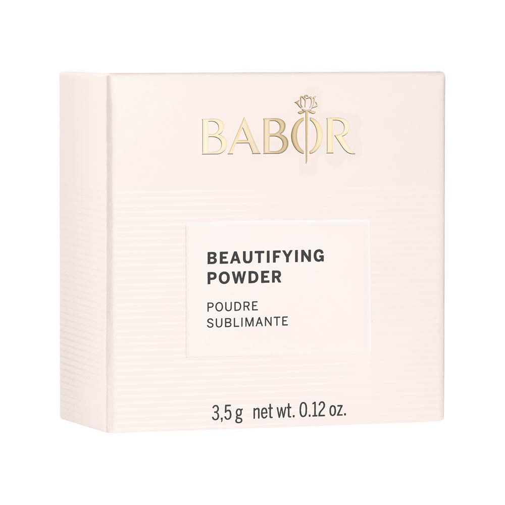 Emballage en carton avec nom du produit et informations sur le contenu. Texte: BABOR, BEAUTIFYING POWDER, 3,5 g net wt. 0.12 oz.