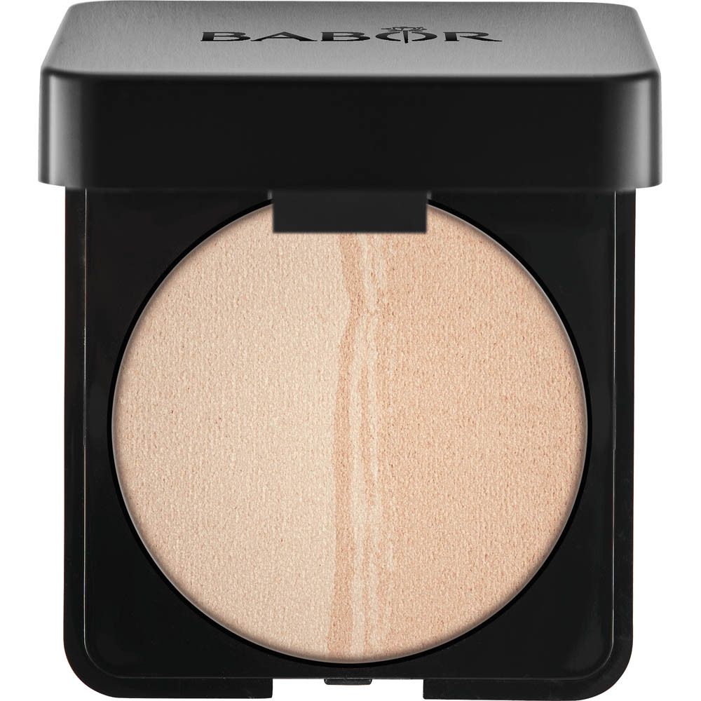 Kompakter Highlighter mit zwei Farbtönen in schwarzer Verpackung. BABOR-Logo oben. Runde Form mit geteilter Oberfläche.
