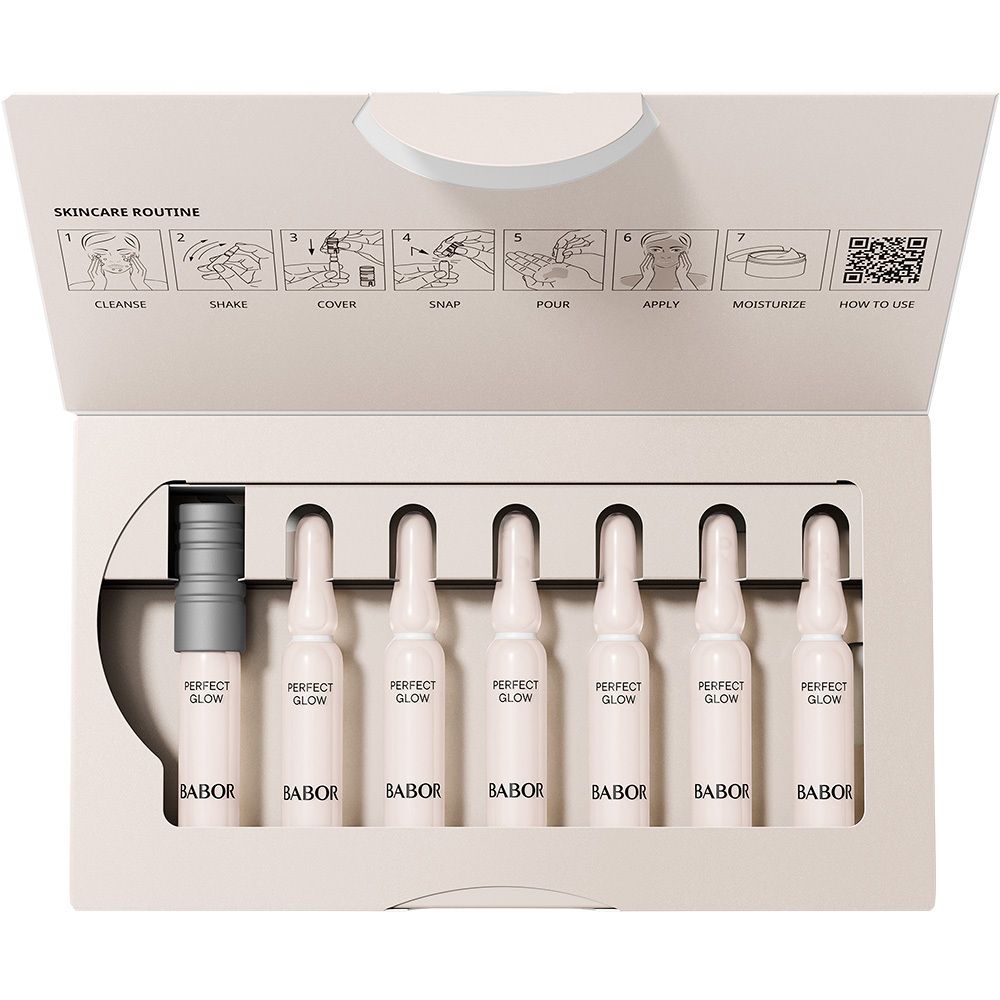 BABOR Perfect Glow Ampullen Serum Konzentrat geöffneter Karton mit 7 Ampullen.