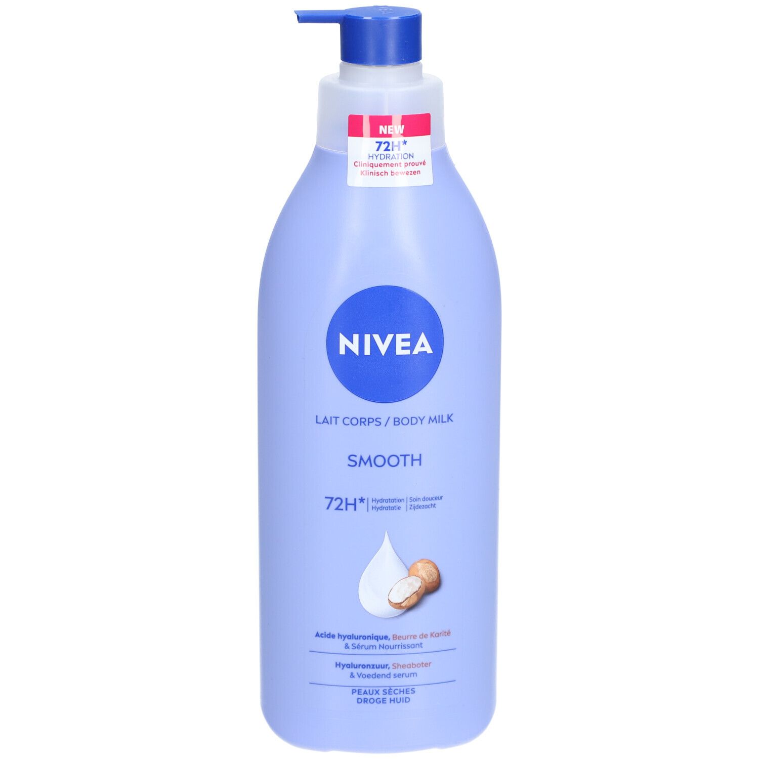 Flasche Nivea Lait Corps/Body Milk Smooth. Blauer Spender mit blauem Pumpkopf. Logo und Produktbezeichnung.