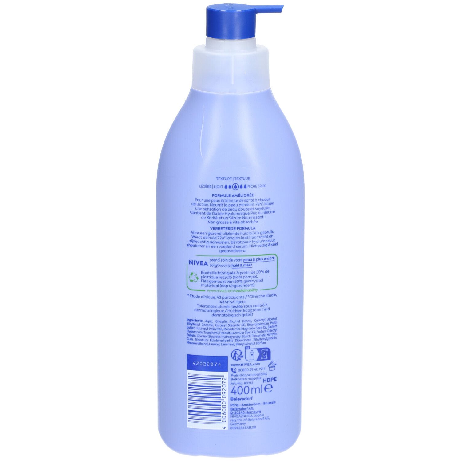 Rückseite der Nivea Lait Corps Smooth Flasche. Text und Informationen zur Zusammensetzung und Nachhaltigkeit.