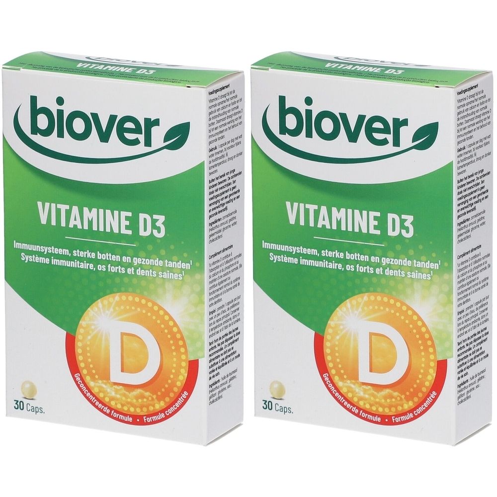 Zwei Schachteln Biover Vitamin D3. Weiße Verpackung mit grünem Logo und Text. Enthält 30 Kapseln. Gelbes D-Symbol.