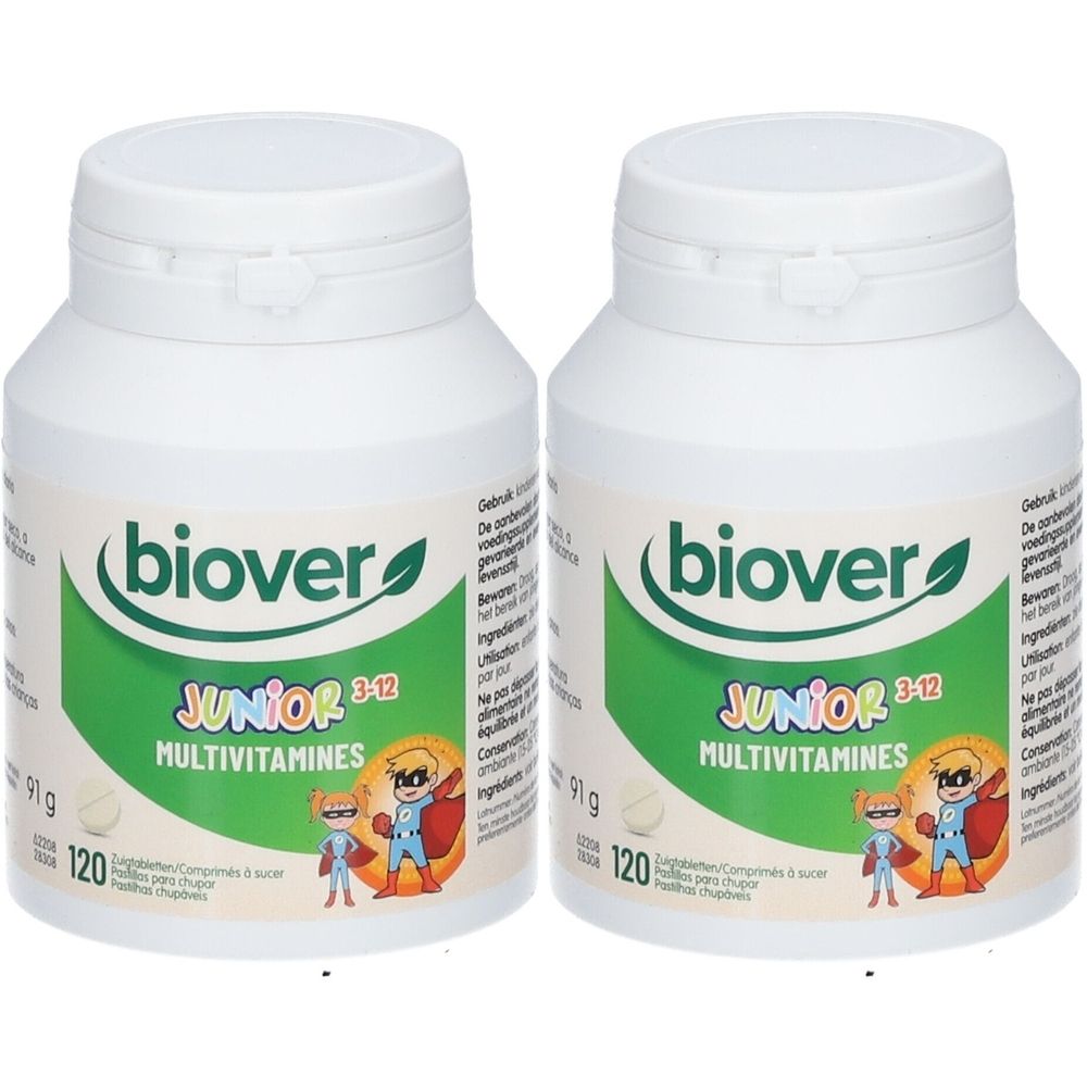 Zwei weiße Flaschen mit grünem Etikett. Aufschrift: Biover Junior 3-12 Multivitamines. 120 Tabletten. Deckel mit Drehverschluss.