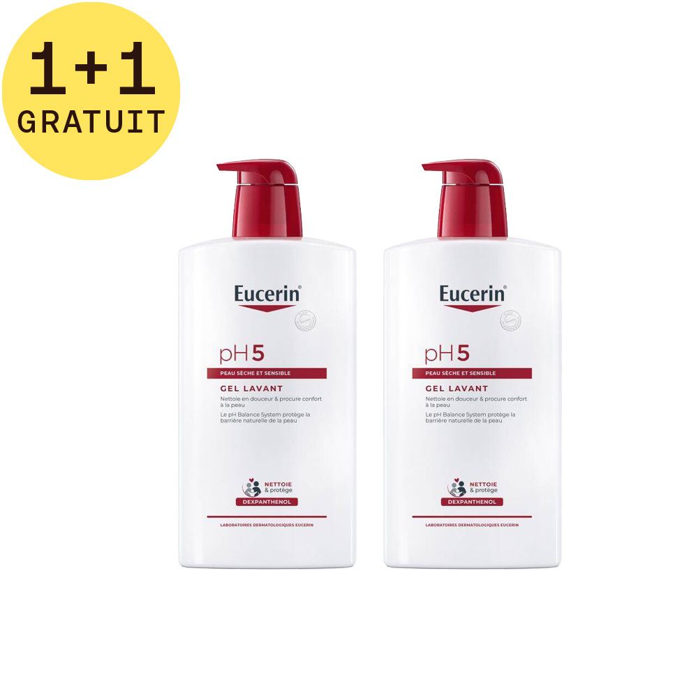 Deux flacons blancs avec pompe rouge. Inscription: Eucerin pH5, Gel Lavant. Avec autocollant 1+1 gratuit.