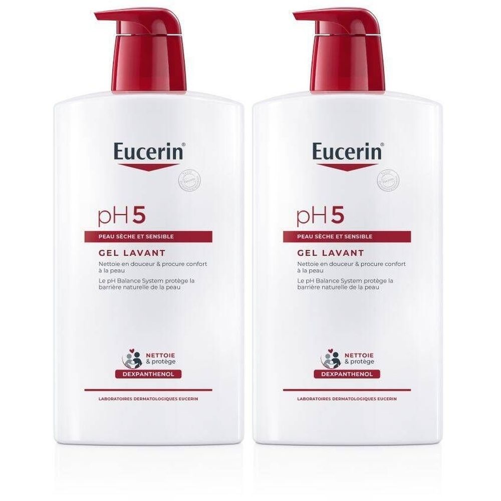 Zwei weiße Flaschen mit rotem Pumpkopf. Aufschrift: Eucerin pH5, Gel Lavant. Für empfindliche Haut.