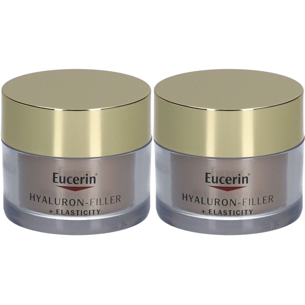 Deux pots avec couvercles dorés. Sur les contenants transparents, on lit "Eucerin Hyaluron-Filler + Elasticity".
