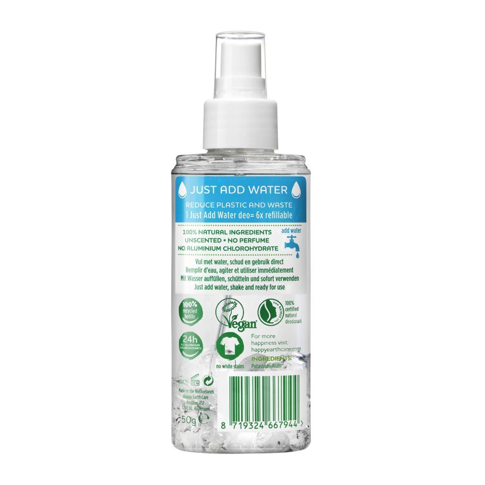 Dos de la bouteille de spray déodorant. Texte : Just add water, 100% ingrédients naturels, sans parfum, sans chlorhydrate d'aluminium.