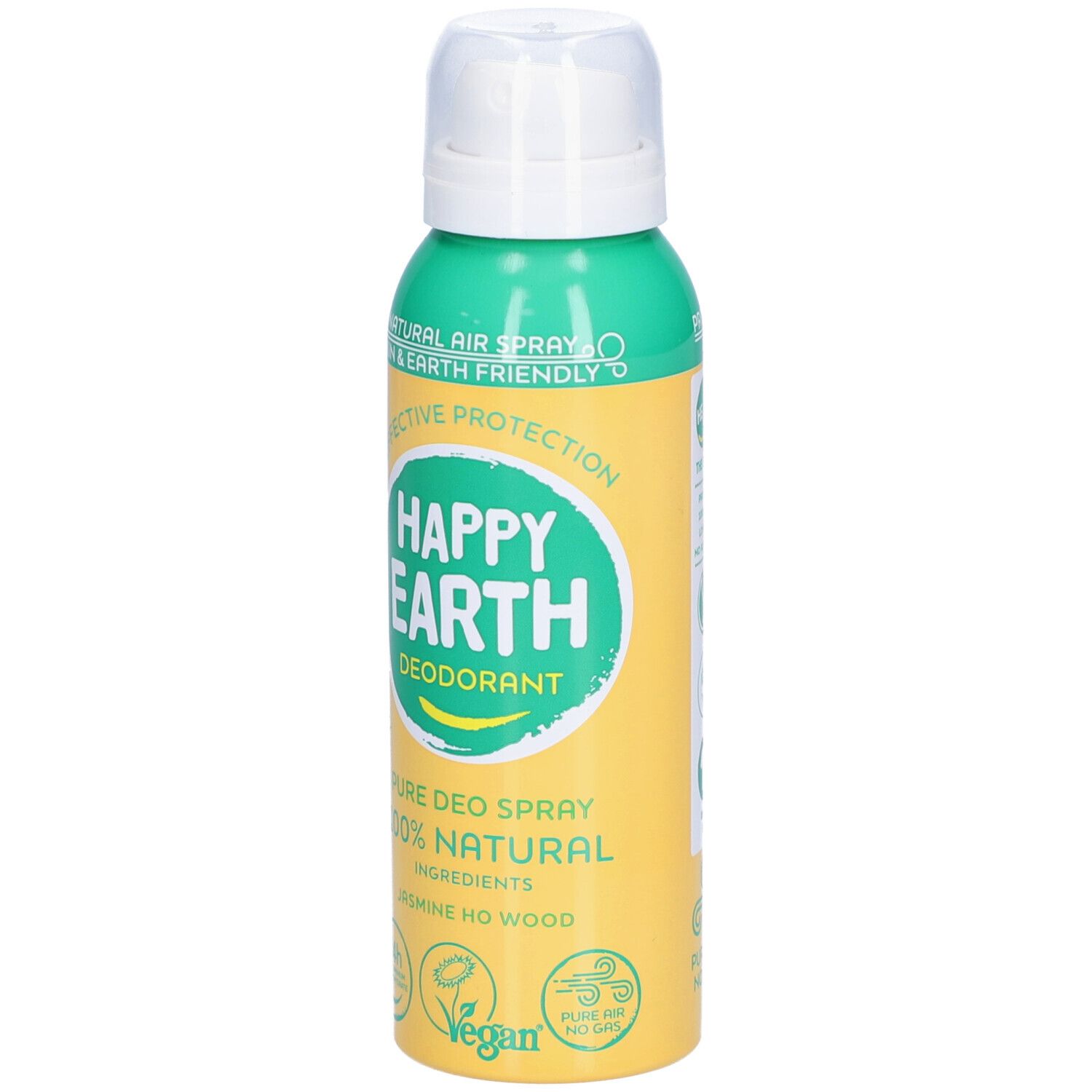 Spray déodorant Happy Earth. Flacon vert et jaune avec tête blanche. Inscription : Happy Earth, déodorant, 100% naturel.