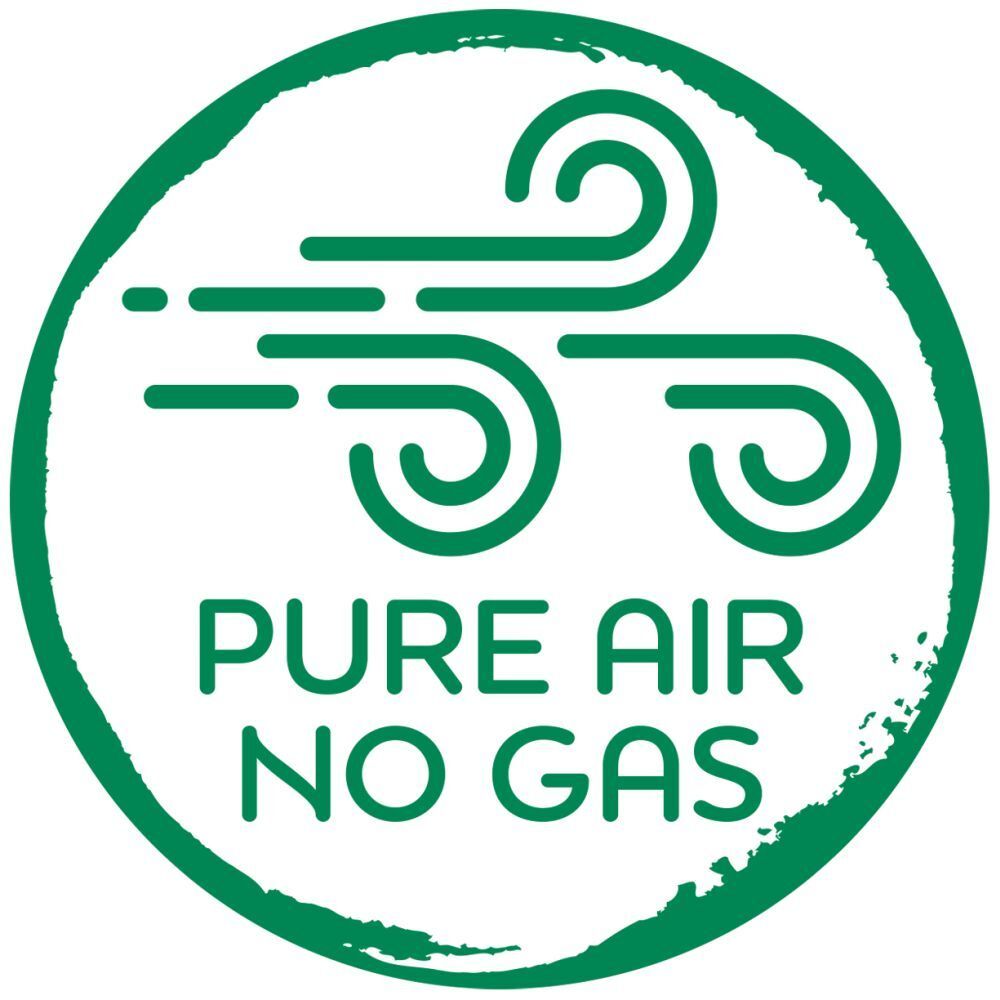 Logo vert avec texte blanc : Pure Air, No Gas. Symbole de vent dans un cercle.