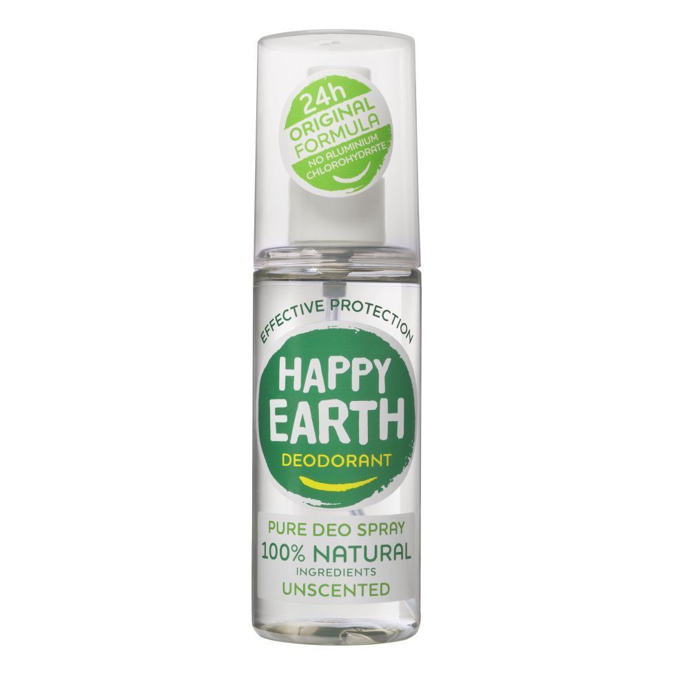 Spray déodorant avec bouchon. Inscription : Happy Earth, Déodorant, 100% Natural, Unscented. Bouteille transparente.