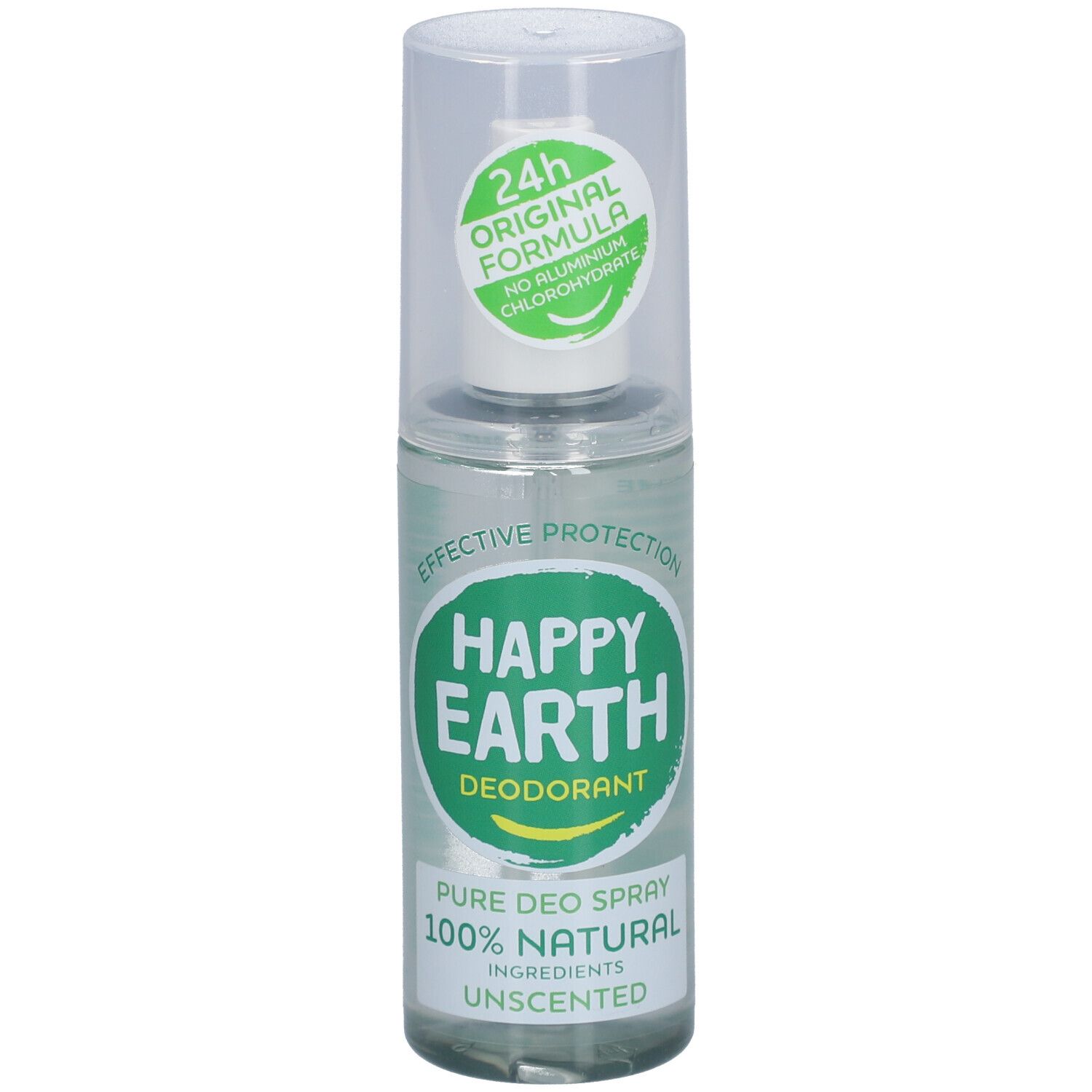 Spray déodorant avec bouchon. Inscription : Happy Earth, Déodorant, 100% Natural, Unscented. Bouteille transparente.