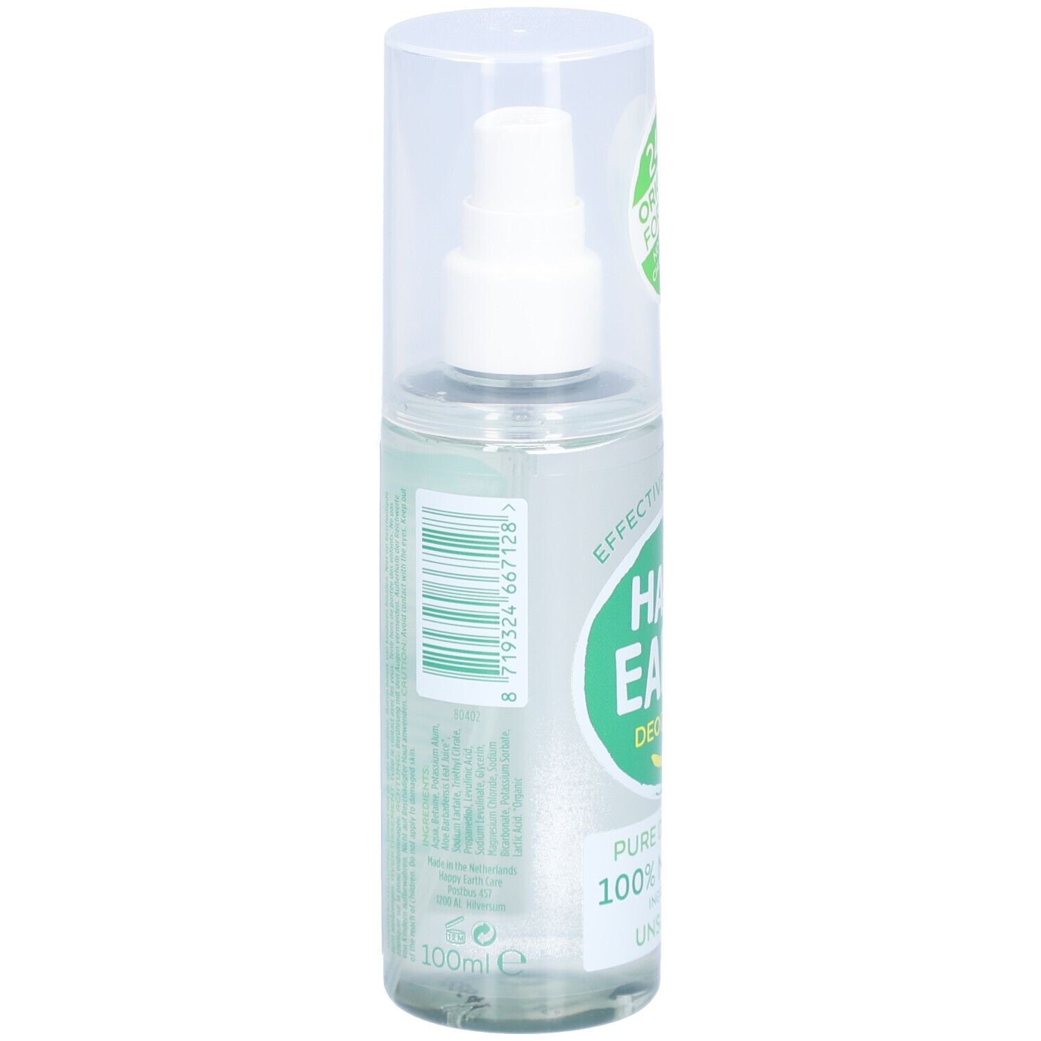 Spray déodorant, dos. Inscription : Happy Earth, 100% Natural, Unscented. 100ml. Code-barres.