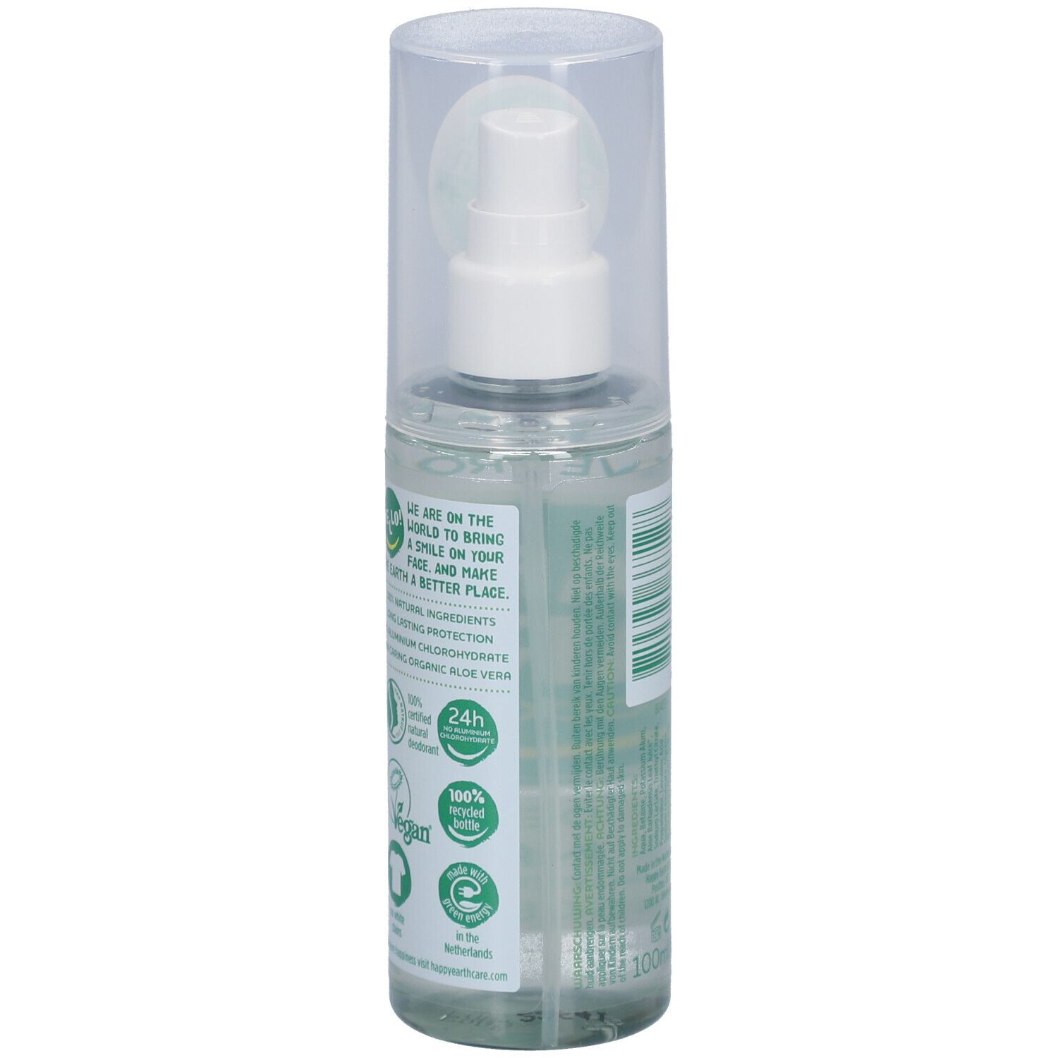 Spray déodorant, dos. Inscription : Happy Earth, 100% Natural, Unscented. Logos et texte.