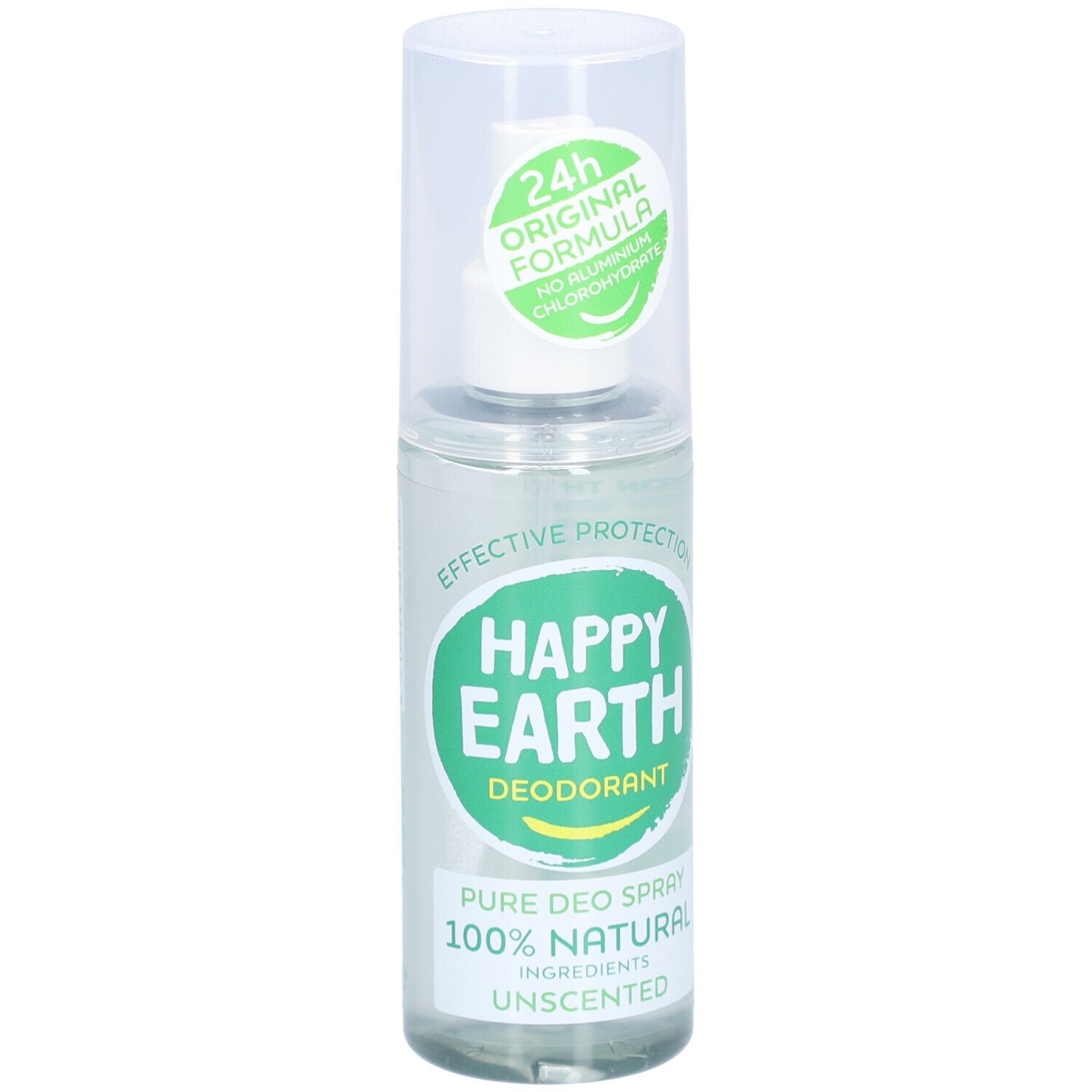 Spray déodorant avec bouchon. Inscription : Happy Earth, Déodorant, 100% Natural, Unscented. Bouteille transparente.