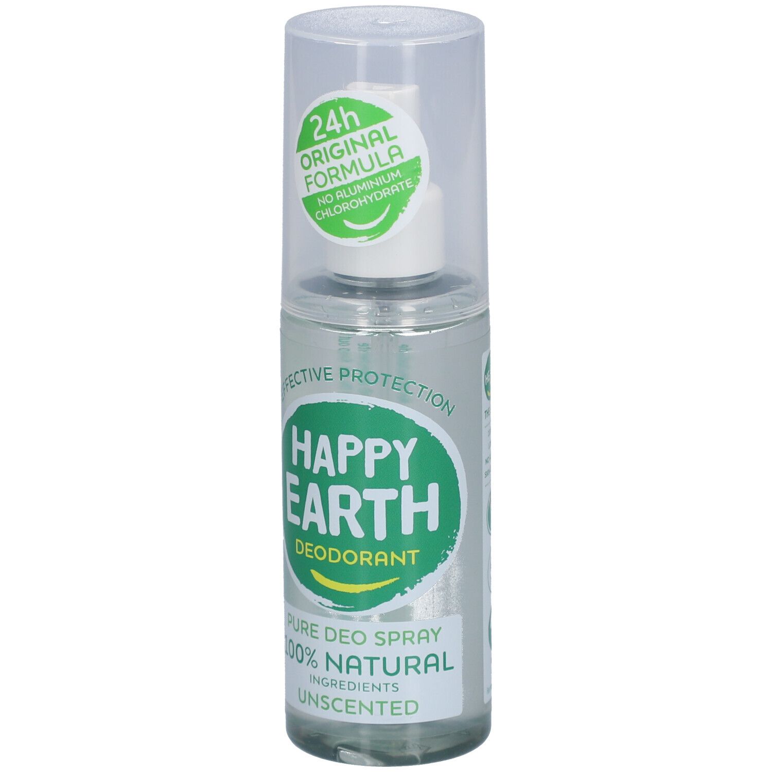 Spray déodorant avec bouchon. Inscription : Happy Earth, Déodorant, 100% Natural, Unscented. Bouteille transparente.