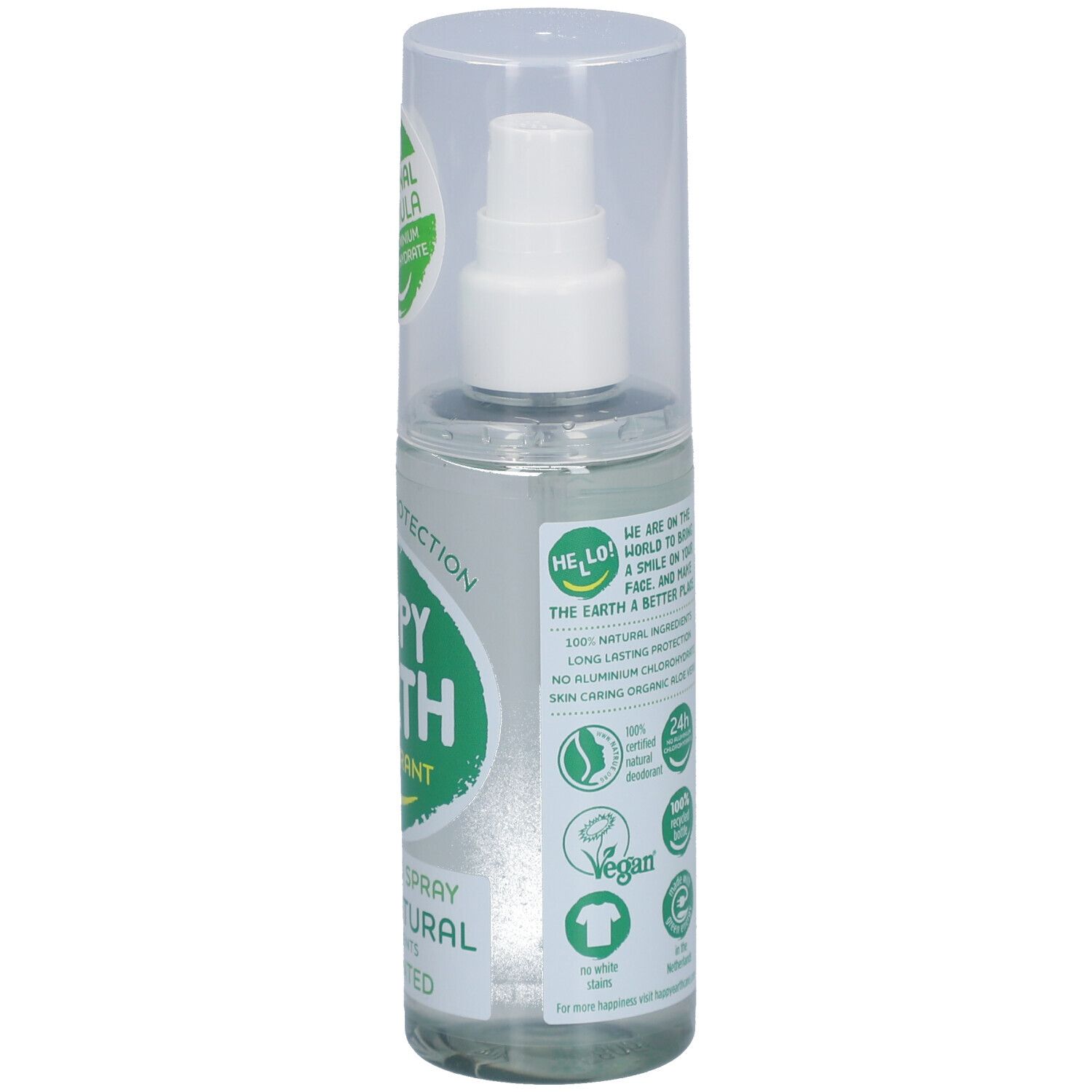 Spray déodorant, dos. Inscription : Happy Earth, Déodorant, 100% Natural, Unscented. Logos et texte.