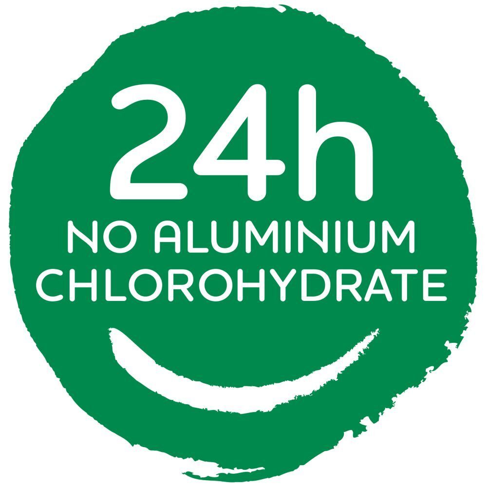Logo vert avec texte blanc : 24h, No Aluminium Chlorohydrate. Visage souriant.