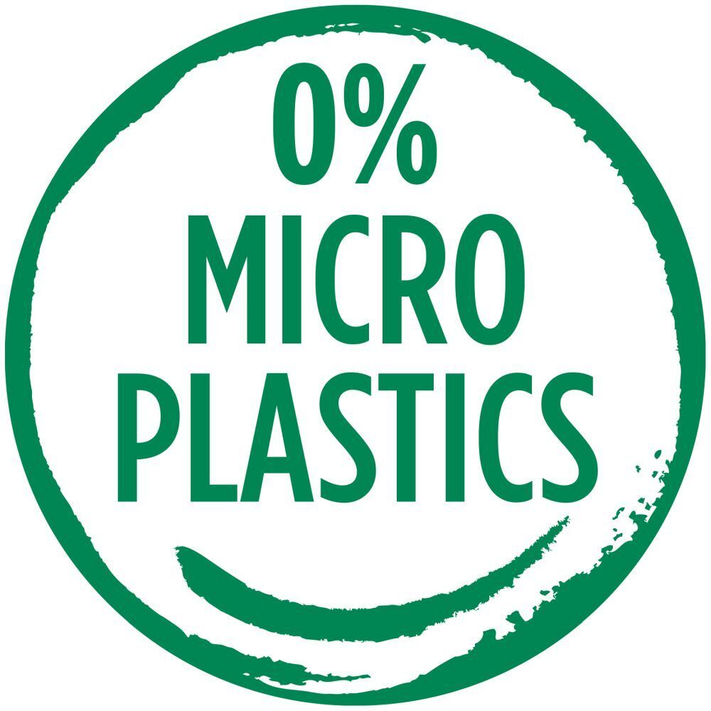 Logo vert avec texte blanc : 0% Micro Plastics. Visage souriant.