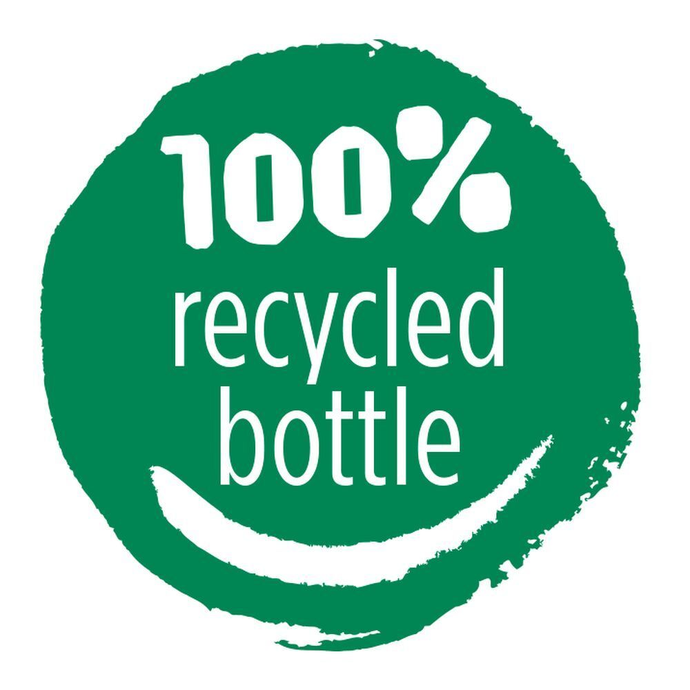 Logo vert avec texte blanc : 100% recycled bottle. Visage souriant.