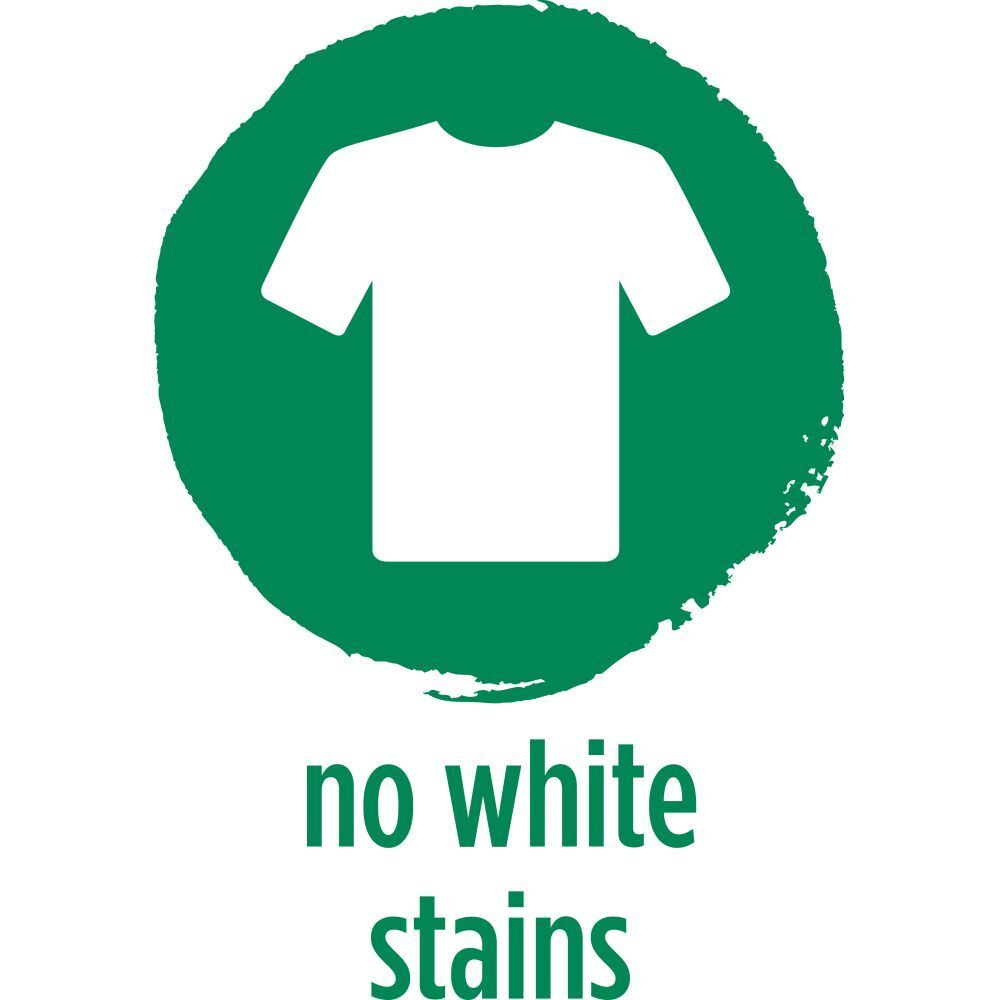 Logo vert avec t-shirt blanc et texte : no white stains.