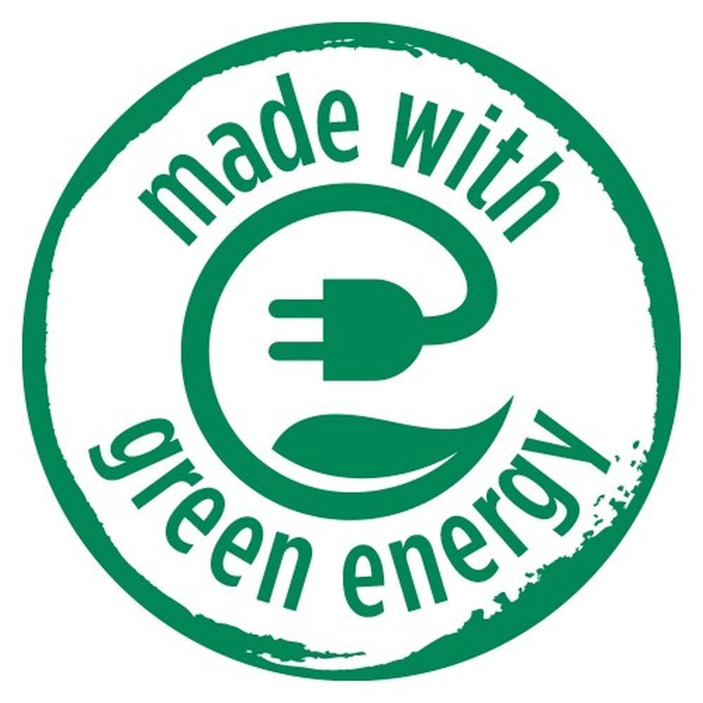 Logo vert avec prise et texte : made with green energy.