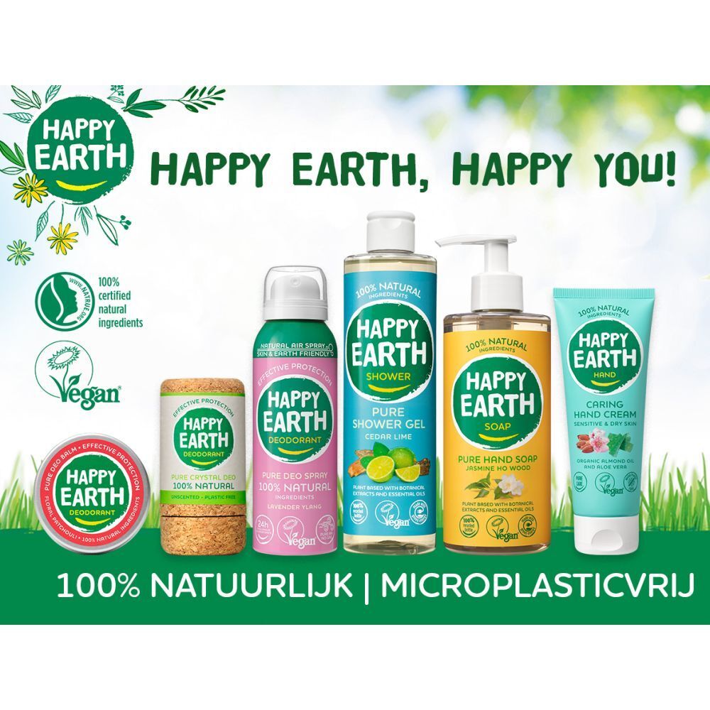 Image publicitaire avec divers produits Happy Earth. Texte : 100% natuurlijk | Microplasticvrij.