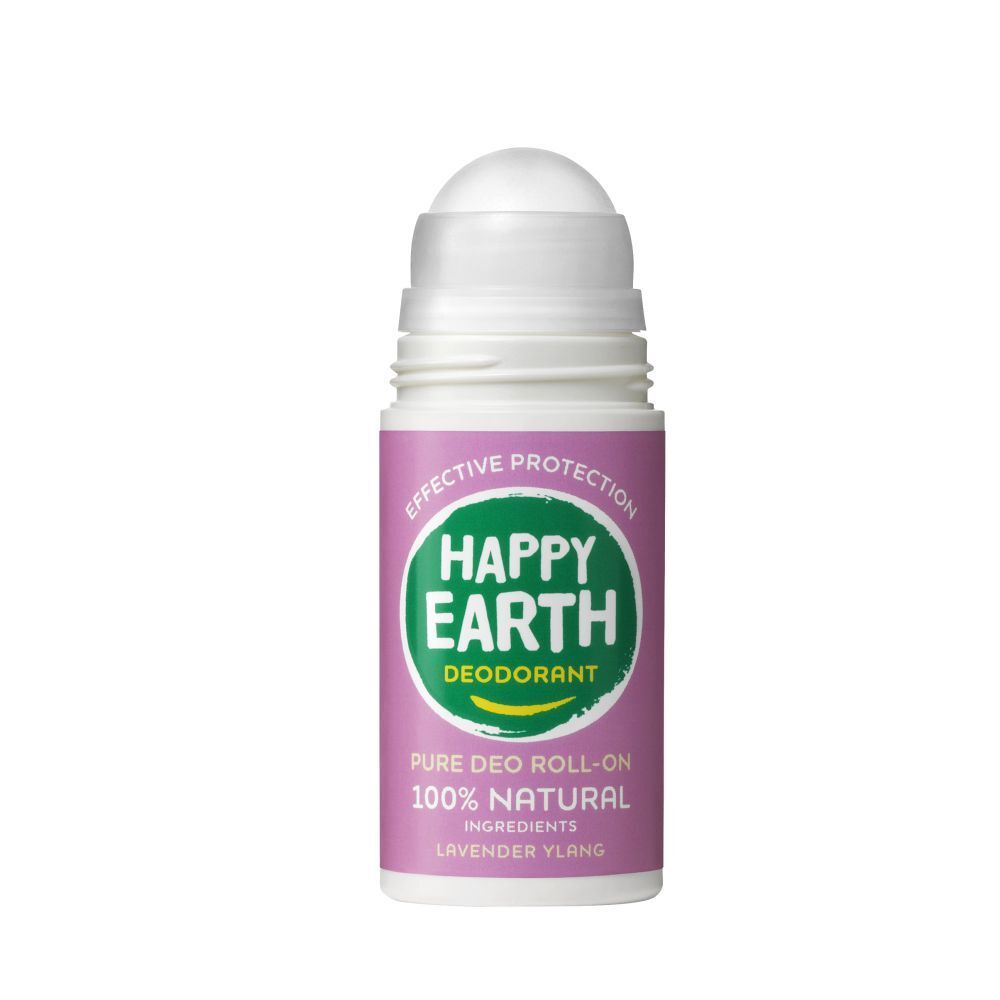 Roll-on déodorant. Bouchon blanc, corps rose. Inscription: Happy Earth, Déodorant, 100% naturel. Roll-on.