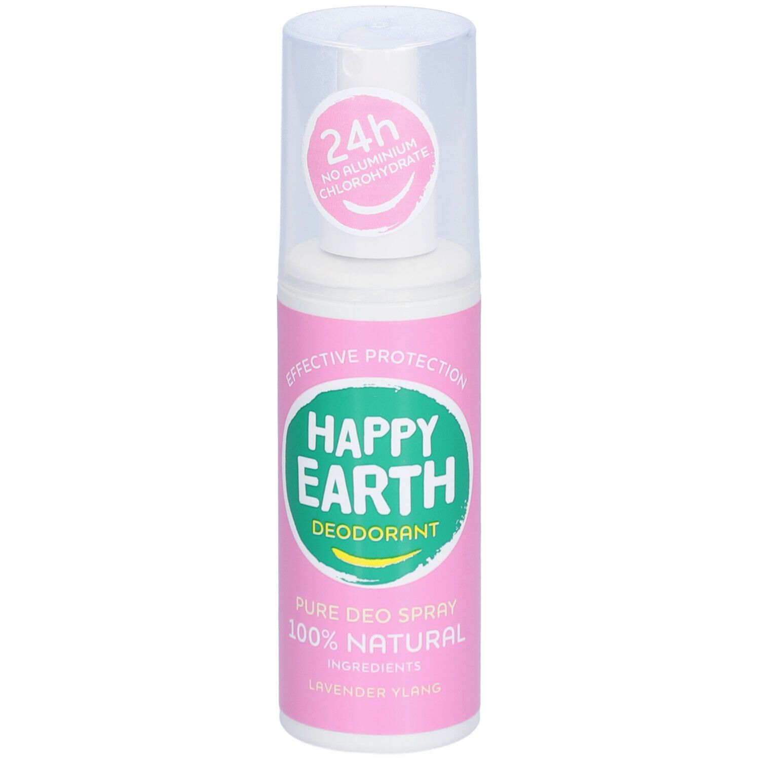 Spray déodorant Happy Earth. Tête blanche, flacon rose. Texte: 24h, sans chlorhydrate d'aluminium.