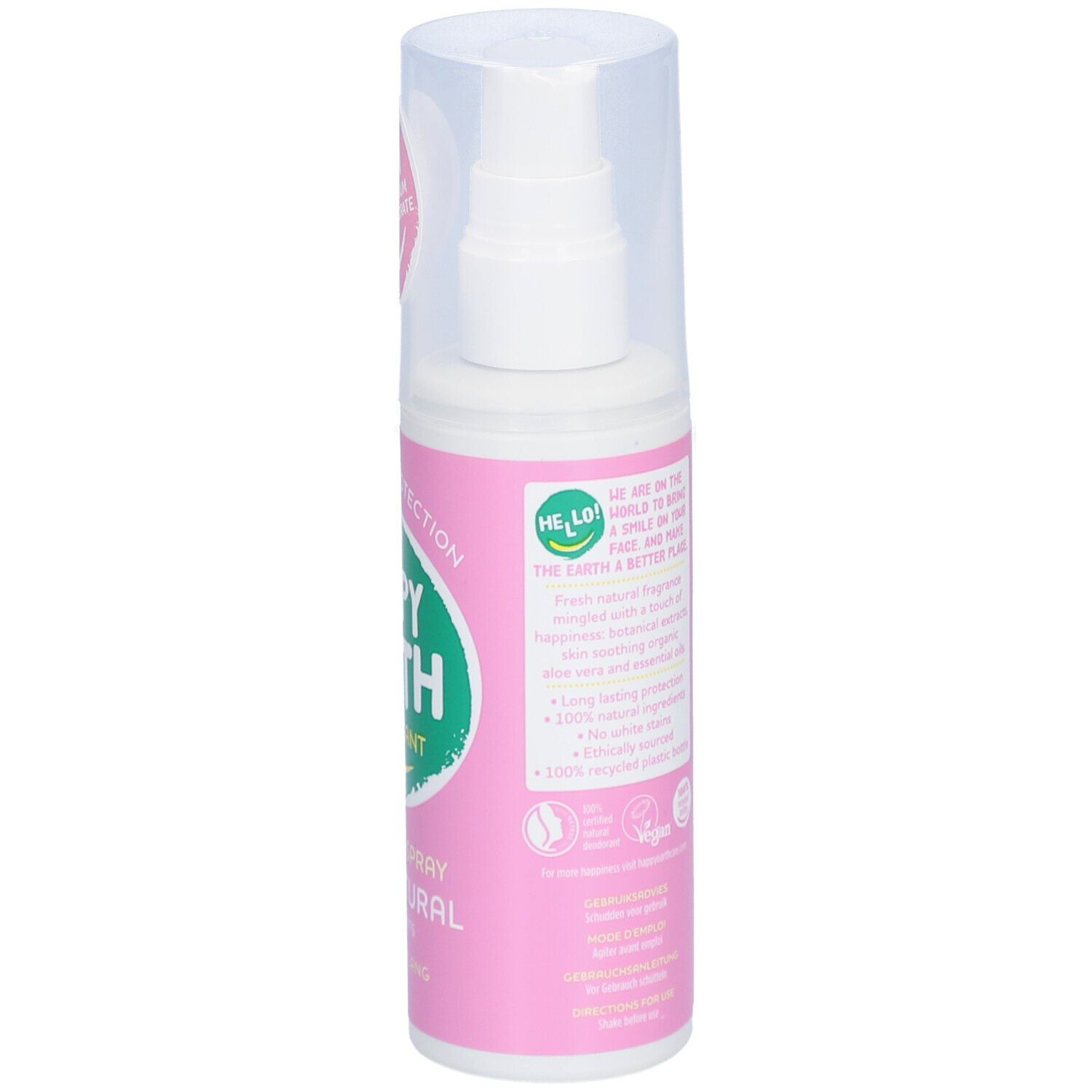 Spray déodorant Happy Earth. Dos du flacon. Texte et logos.