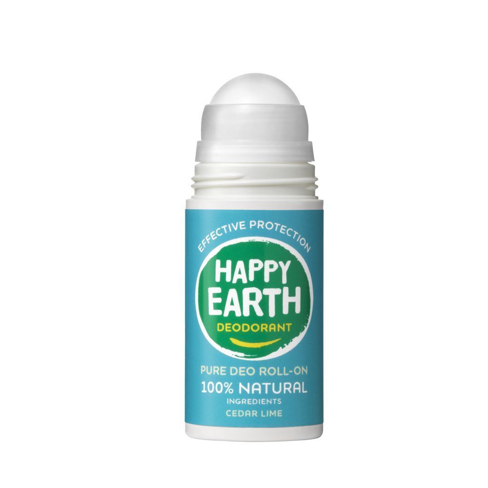 Deo-Roller. Weißer Roll-on-Kopf, blaue und grüne Etiketten. Text: Happy Earth, 100% natürlich, Zeder & Limette. 24h Schutz.