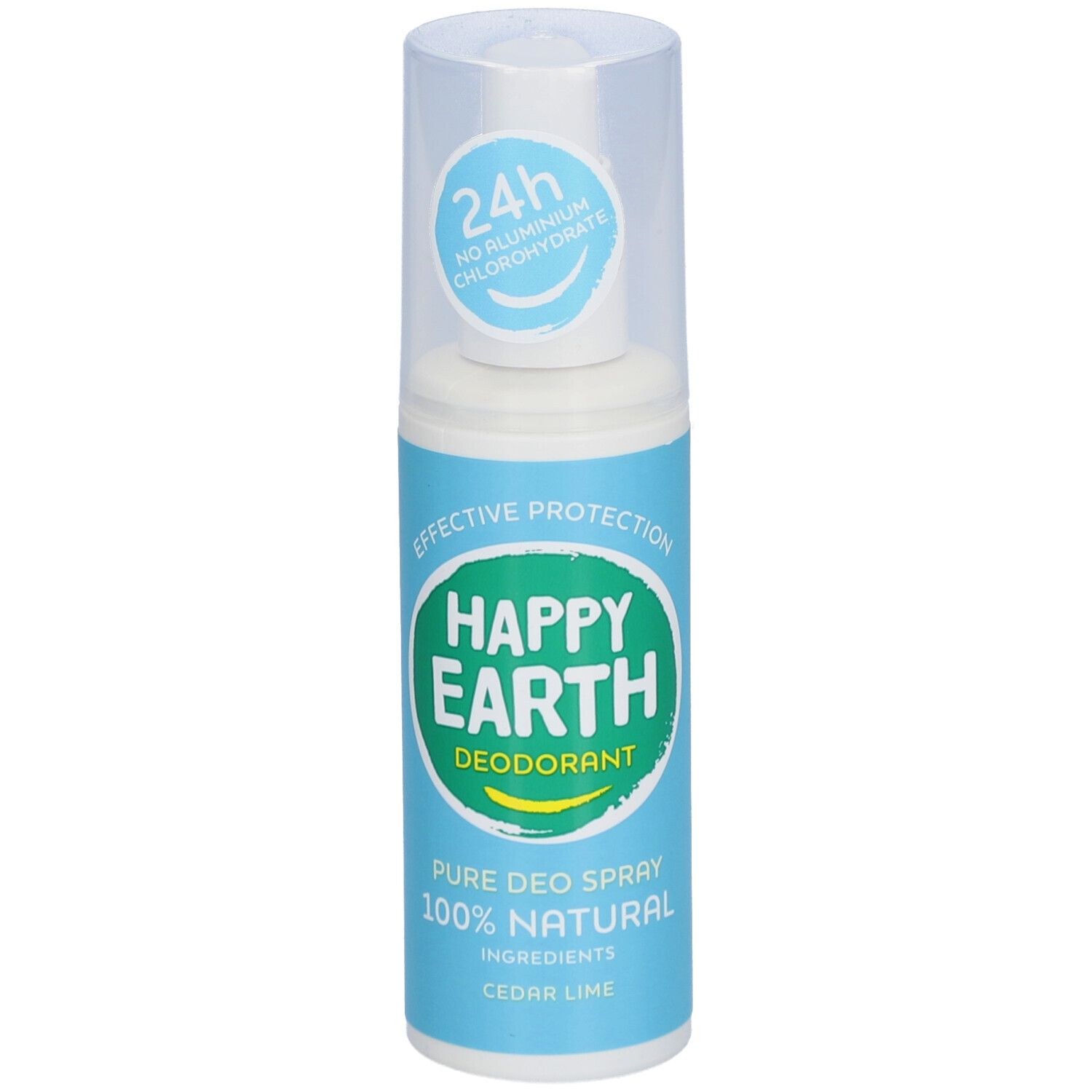 Deodorant-Spray von Happy Earth. Blau-weiße Flasche mit Sprühkopf. Text: 24h, kein Aluminiumchlorhydrat.