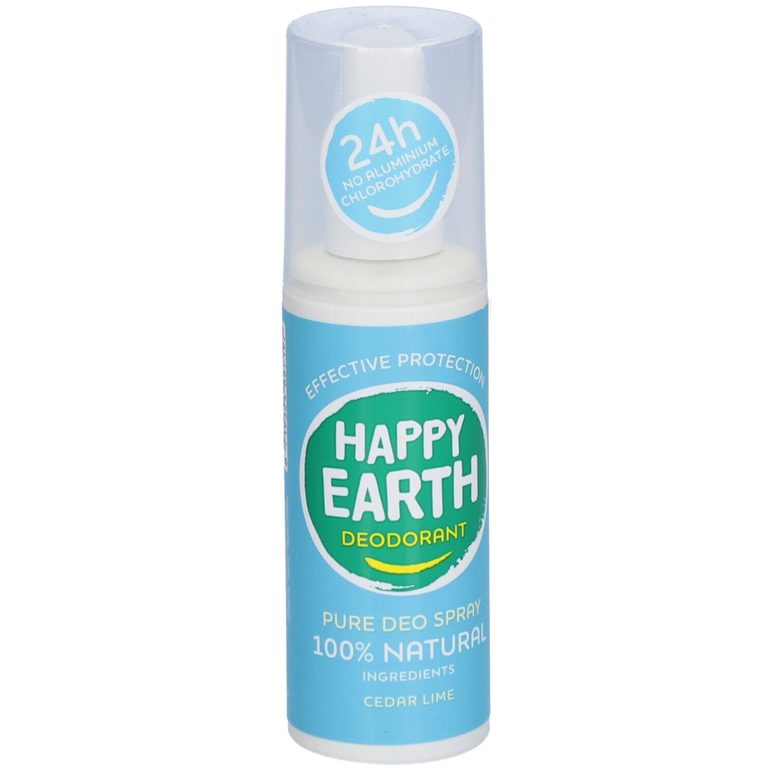 Deodorant-Spray von Happy Earth. Blau-weiße Flasche mit Sprühkopf. Text: 24h, kein Aluminiumchlorhydrat.